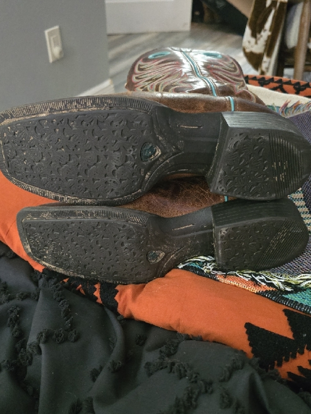 Ariat Brown Leather Boot with Teal Trim - Picture 2 of 9